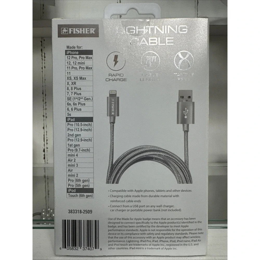 Brand New MFi-Certified Fisher Apple Lightning Cable 4 Ft BRADED Silver Gray 🔥